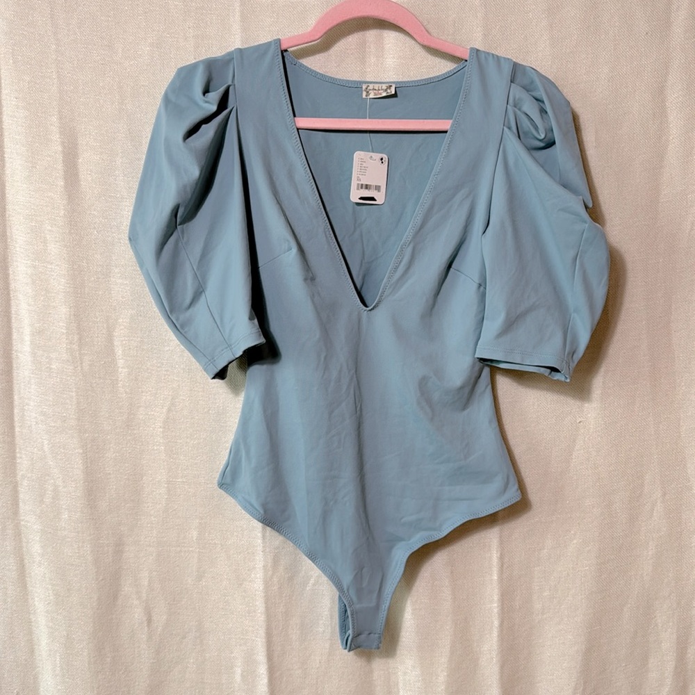 Light Blue Puff Sleeve V-Neck Bodysuit